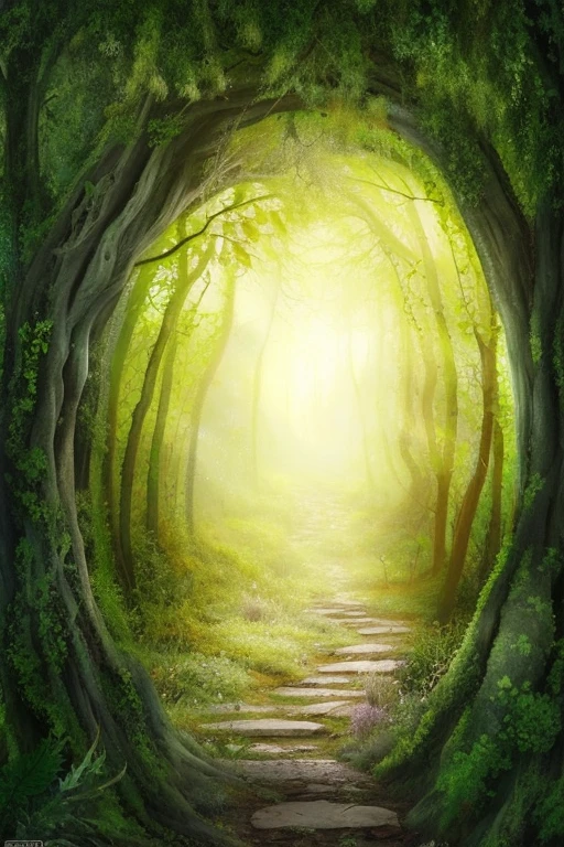 View of the path through the forest，bright light through the woods, magic stone portal in the forest, forest portal, Fantasy Arkham background, enchanted magical Fantasy Forest, Fantasy Forest background, Fantasy Forest landscape at day, an enchanted forest背景, an enchanted forest, Fantasy Forest landscape, magical Fantasy Forest, an enchanted forest背景, Peaceful elf forest, Fantasy Forest