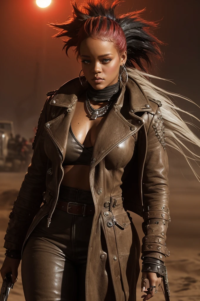 Rihanna Fenty, (((((chubby))))), (chubby face) red collor hair, brown melanine skin , ripped old wildwest bang bang full clothes, cowgirl leather hat, background old west bang bang, night, very steam, white leather clotes, ((very ripped whole jumpsuit)), earings, acessories, epic composition, perfect hands, perfect composition, perfect fingers, vintage collor lights, handsome face, ((angry face)), in desert, (((((very long red light platinum messy hair))))), long leather boots, dunes, ((((dust sand)))), very detailed image, overcoat leather clothe, ancient sand temples, (big booty), (small boobs), vintage lights, cinematic composition, epic cinematic pose, white clothes, apocaliptic clothes, (((Mad Max clothes))), (((skull and bones clothes))), (ancient dagger), (mad max acessories), (((red mullet punk hair))), ((red long side long bang)), long braids