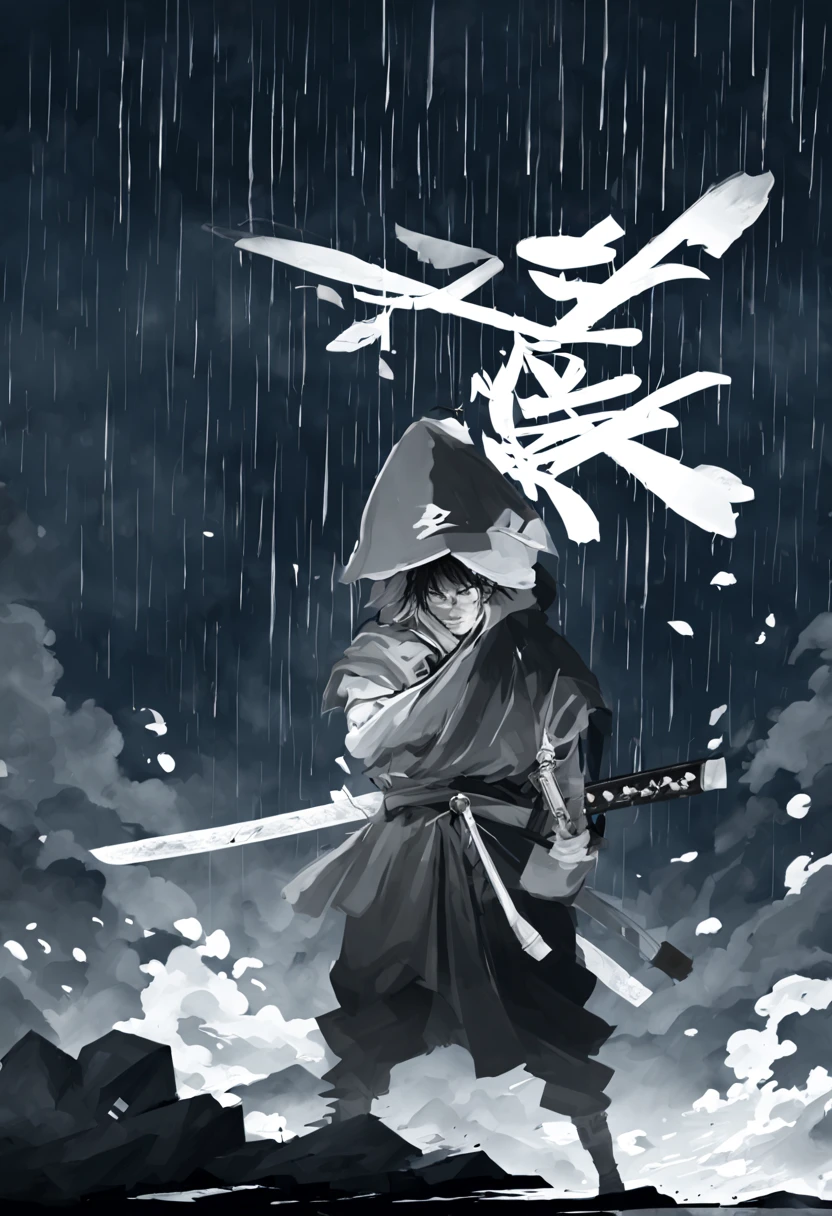 ((tmasterpiece))，(Best quality at best))，Faraway view，Twenty swords are suspended in the air，Sword Rain，Young samurai，infinite sword ，glowing effect，hyper realisitc，ultra real photo，Chinese black and white ink style，Black and white，decolorization，soiled，ink，8K，ultradetailed，high high quality，Overclocked renderer