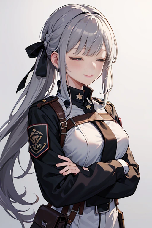 masterpiece, Highest quality, High resolution, Urine 1, Myolin Remblanc, Asticasia , alone, Long Hair, Grey Eyes, Grey Hair, Ahoge,  bangs, Hair between the eyes, Black Pantyhose,  Floating Hair, red medium chest, upper_body, (salute:1.1), Hands on hips, smile.naked、全身naked、It has been seen