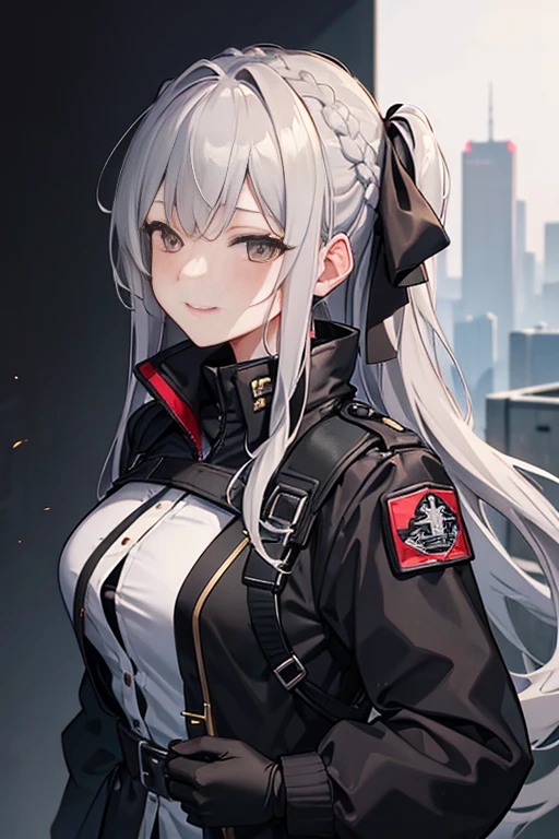 (masterpiece, best quality:1.2),illustration,8k,hd,1girl,solo,upper body,(portrait:1.2),ak-12 (girls' frontline),long hair,closed eyes,grey hair,boots,smile,black pants,black gloves,bangs,braid,french braid,jacket,black footwear,sidelocks,mask,long sleeves,partially fingerless gloves,hair ribbon,black ribbon,bag,medium breasts,