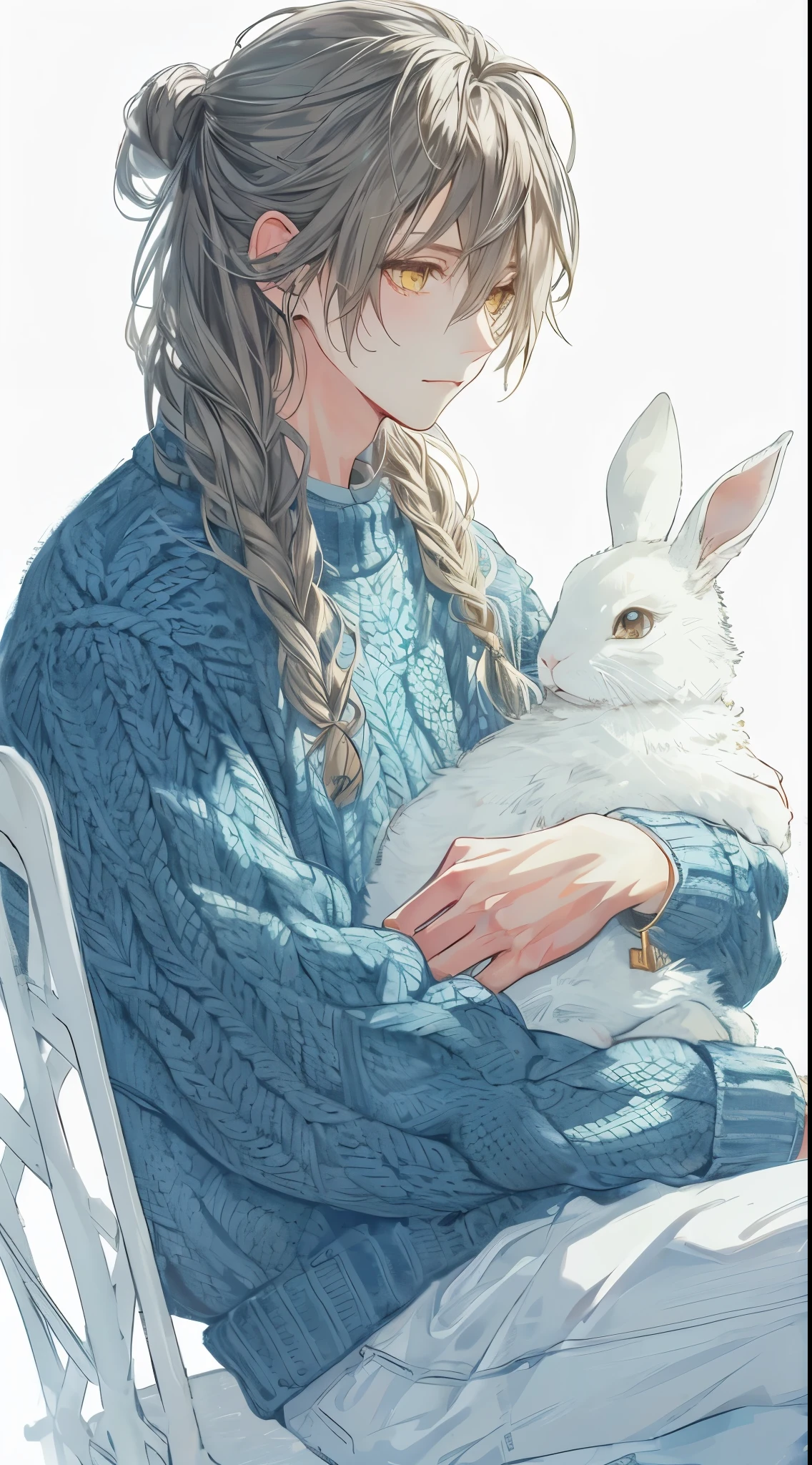 Front view, Beautiful young man, white, very long hair, yellow eyes, ponytail, bright blue sweater, sitting on white chair, white background, carrying a white rabbit on his lap, shadow,high quality, amount of drawing, pixiv illustration