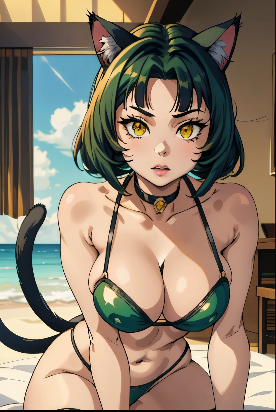 Cute girl, bikini, sexy body, Short dark green hair, Beautiful yellow eyes, cat ears, cat collar, cat tail, cat hands, cat feet, Cat pose