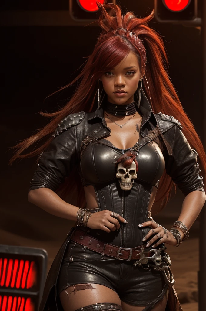Rihanna Fenty, (((((chubby))))), (chubby face) red collor hair, brown melanine skin , ripped old wildwest bang bang full clothes, cowgirl leather hat, background old west bang bang, night, very steam, white leather clotes, ((very ripped whole jumpsuit)), earings, acessories, epic composition, perfect hands, perfect composition, perfect fingers, vintage collor lights, handsome face, ((angry face)), in desert, (((((very long red light platinum messy hair))))), long leather boots, dunes, ((((dust sand)))), very detailed image, overcoat leather clothe, ancient sand temples, (big booty), (small boobs), vintage lights, cinematic composition, epic cinematic pose, white clothes, apocaliptic clothes, (((Mad Max clothes))), (((skull and bones clothes))), (ancient dagger), (mad max acessories), (((red mullet punk hair))), ((red long side long bang)), long braids