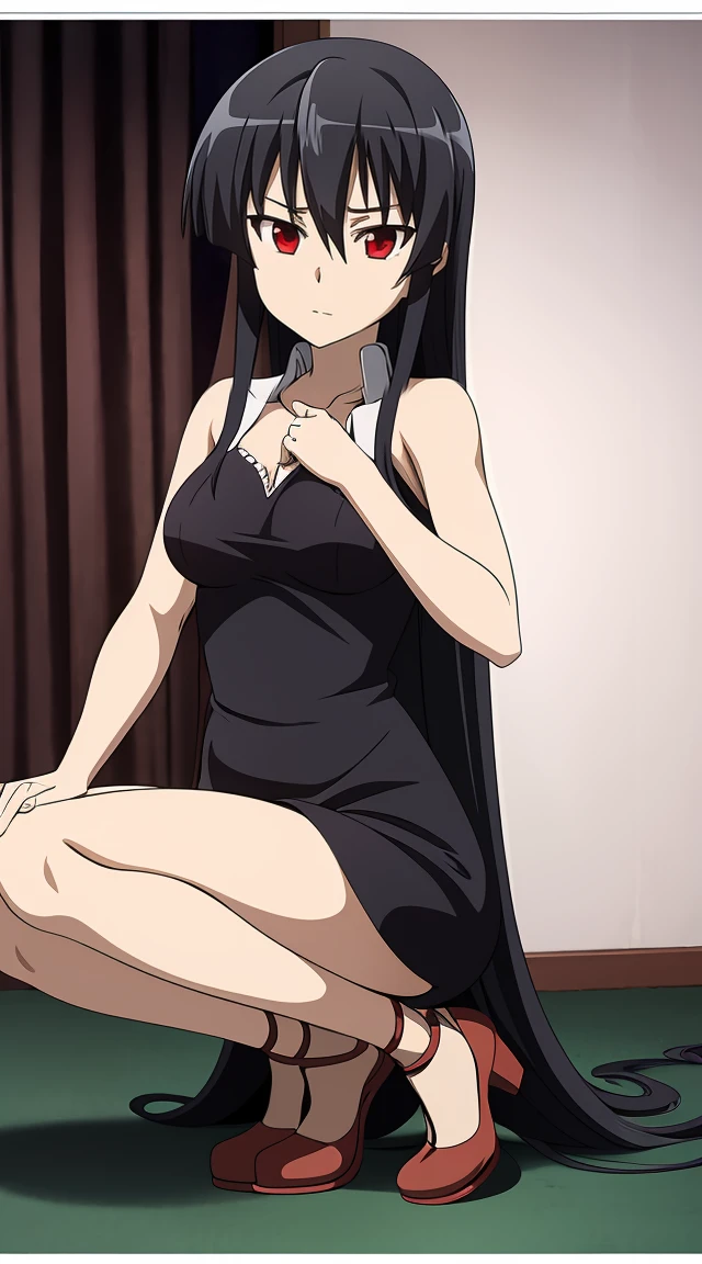 Akame (akame ga kill) anime art style, master piece, best quality,1girl,very long black hair, perfect face, expressive eyes, red eyes ,medium breasts ((nudes)), looking at me,sexy pose ,full body, background hotel room