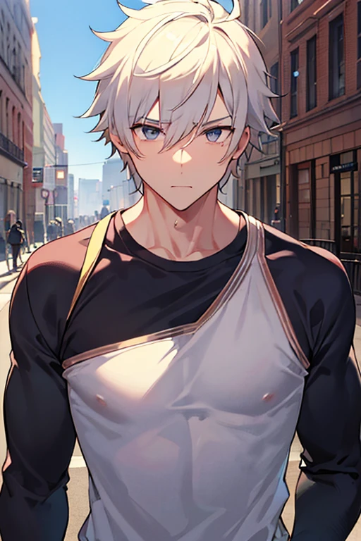 male people、38 years、manly、short-haired、Have muscles、In the street、up of face、neat face、The upper part of the body、Grieving