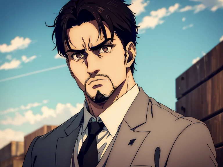 A male character who is 20 years old who has brown eyes and black hair in the Mappa art style. He is depicted in a grey shirt, showcasing a sharp jawline. He has short beard in anchor goatee style .He is also wearing black three piece suit. He is also fair. He is also angry a little.The artwork should have the best quality, with ultra-detailed and realistic features. The color palette should be vivid, and the lighting should emphasize the character's facial structure and expression.