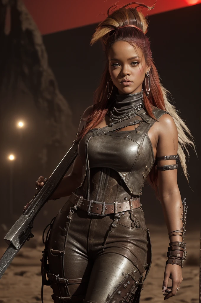 Rihanna Fenty, (((((chubby))))), (chubby face) red collor hair, brown melanine skin , ripped old wildwest bang bang full clothes, cowgirl leather hat, background old west bang bang, night, very steam, white leather clotes, ((very ripped whole jumpsuit)), earings, acessories, epic composition, perfect hands, perfect composition, perfect fingers, vintage collor lights, handsome face, ((angry face)), in desert, (((((very long red light platinum messy hair))))), long leather boots, dunes, ((((dust sand)))), very detailed image, overcoat leather clothe, ancient sand temples, (big booty), (small boobs), vintage lights, cinematic composition, epic cinematic pose, white clothes, apocaliptic clothes, (((Mad Max clothes))), (((skull and bones clothes))), (ancient dagger), (mad max acessories), (((red mullet punk hair))), ((red long side long bang))