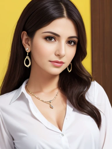 Lebanese lady, earrings, necklace, bracelets, small breasts, portrait, white shirt, office, bright colors