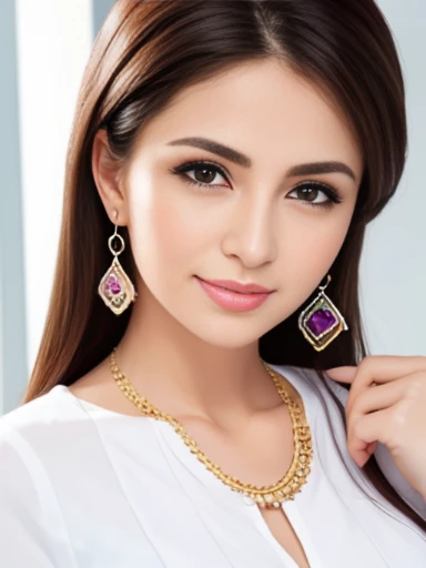 Lebanese lady, earrings, necklace, bracelets, small breasts, portrait, white shirt, office, bright colors