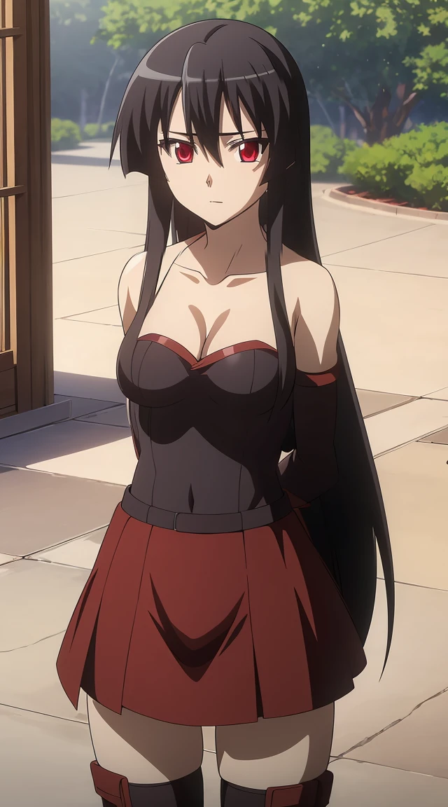 ((Masterpiece, Best Quality, high resolution, UHD, pixel perfect, depth of field, 4k, RTX, HDR)), 1 girl, Single, Alone, beautiful anime girl, beautiful artistic style, cartoon character, akame, style akame ga kill!, black collared shirt, red necktie, Sleeveless, skirt ((wide, hits, Shiny black hair,)), (Red eyes:1.4, rounded eyes, Beautiful eyelashes, realistic eyes), (detailed face, blush:1.2), (smooth texture:0.75, realistic texture:0.65, photorealistic:1.1, cg anime style), big breasts, (dynamic pose, to throw, close up, looking at the viewer), perfect body, round butt, black choker, ((black miniskirt:1.5)), Open mouth, Holding a katana, next to a water fountain.
