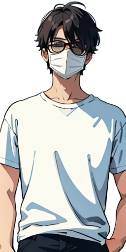 (top-quality、masterpiece)、1 boy、a stunningly、Plain T-shirt、White mask、Sunglasses、arms in arms