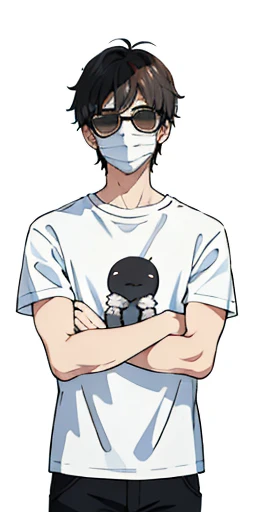 (top-quality、masterpiece)、1 boy、a stunningly、Plain T-shirt、White mask、Sunglasses、arms in arms