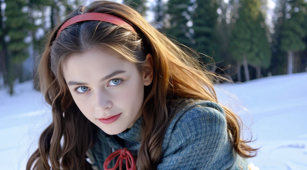 Pretty woman, similar to Amouranth,cute,huge natural breasts, red hair curly/flowing, detailed dark BLUE eyes and face, not to skinny, naughty smile, make it ultra-realistic, western european girl, in the snow in the mountains, clothing colour needs to be anything but green, extremely detailed blue eyes, extremely long wavy red hair, extremely long hair with 2 ponytails, extremely detailed blue eyes, wearing a wrath, detailed photo - 8K, Extremely high quality