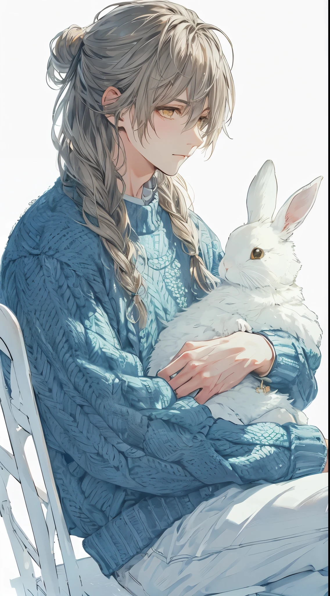 Manly, dignified face, handsome, Front view, Beautiful young man, white, very long hair, yellow eyes, ponytail, bright blue sweater, sitting on white chair, white background, carrying a white rabbit on his lap, shadow,high quality, amount of drawing, pixiv illustration