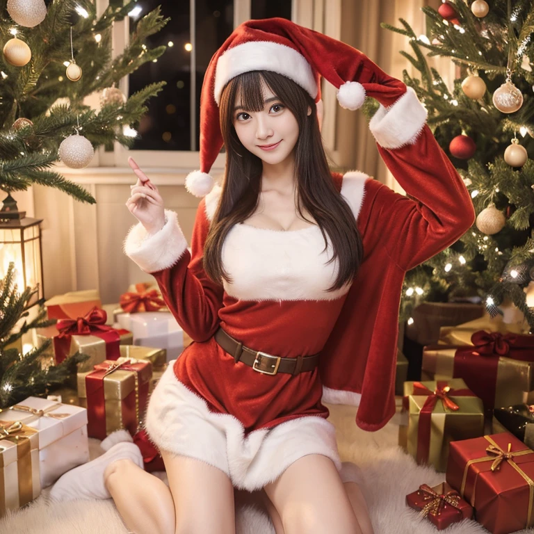 tre anatomically correct,Masterpiece of,High image quality,(Red costume),(Cute Santa Claus costumes:1.5),(The material of the costume is fine velvet:1.4), (The white fur part of the costume is mink, Accentuate the fluffiness:1.4),(Random posture:1.4),Professional Lighting,The ultra-detailliert,High quality textures,High quality shadows,depth of fields,Ray traching,Christmasツリー, Christmas,Fun atmosphere,Twinkling lights,Cozy,romantic,Cheerful,Warmth,Happiness,Magical,Holiday spirit, Ultra-realistic capture, Highly detailed, 人間の皮膚のhight resolution16kクローズアップ,Skin texture must be natural, Detailed enough to finely identify pores. Skin should look healthy, In a uniform tone,(Best Quality,4K,8K,hight resolution,masutepiece:1.2),Ultra-detailed,extremely detailed eye and face,Beautiful detailed eyes,Beautiful detailed lips,long eyelashes,(Realistic),Photorealistic:1.37,japanes,fine-grained white skin,beautiful and magnificent composition,masutepiece,Attractive,Cute,silky smooth and straight hair,Sharp Focus,Natural smile,(with round face),(healthy thigh body photo),(Full-body photography from a distance:1.4),((Silver hair color)), 
,(JR博多駅のChristmasマーケット),(natta),(Lit up)