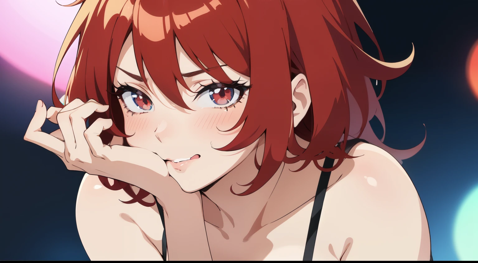 A girl with red hair, bright eyes like an anime, party background, in a bra, big breasts, standing, Waifu anime, retro 80s, hand on her face, sexy face, moaning with a red face, looking sideways at the screen, Anime Girl from the Future, 2D Anime.