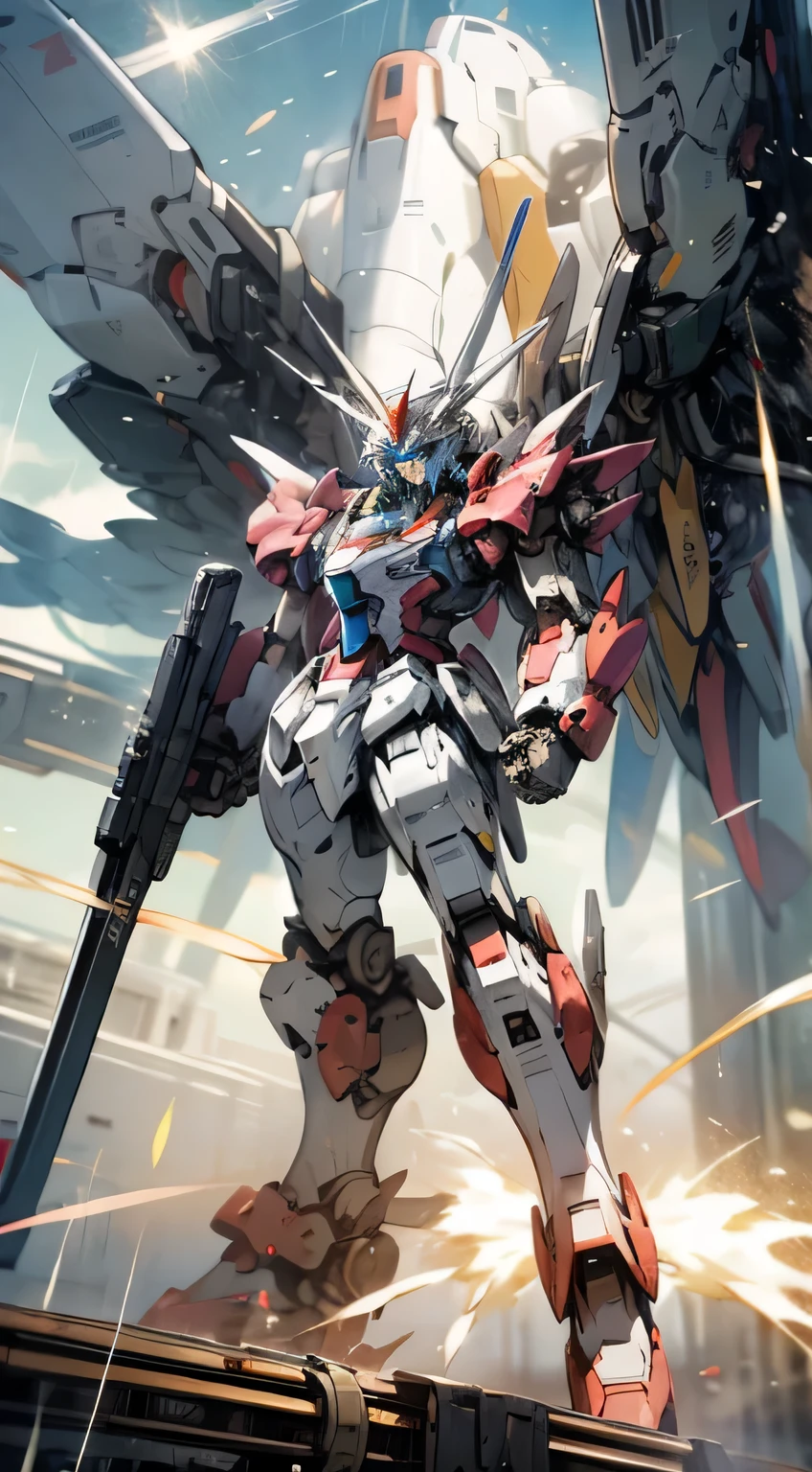 Large robots、Gundam、Angelic big wings、Blue eyes、Mobilesuit、Hold a beam rifle in both hands、Equipped with railguns on both hips、Full burst