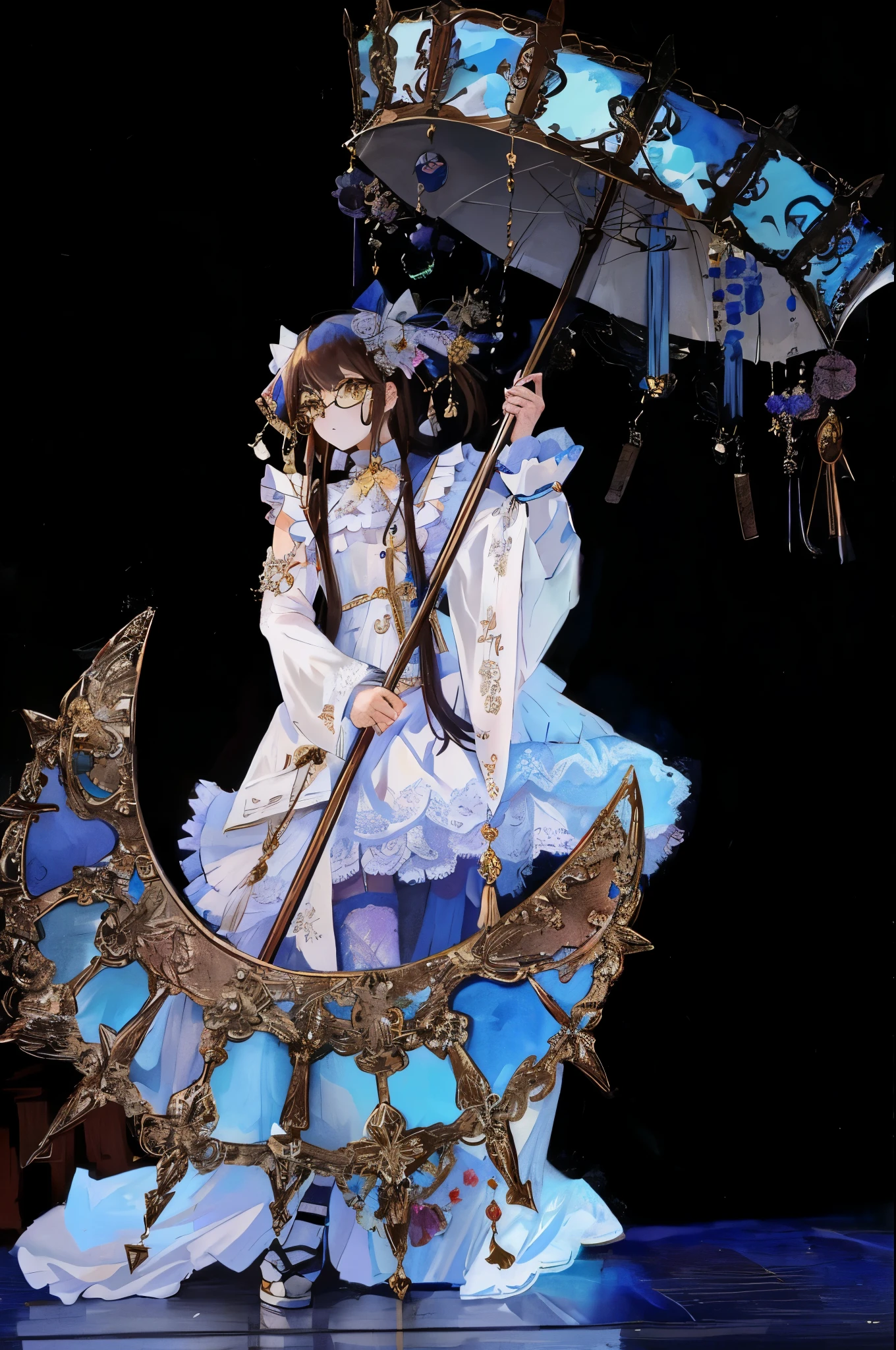 arafed woman in a costume with a blue umbrella on a stage, brown hair, long hair, glasses, round circle glasses, yellow eyes, victorian gothic lolita fashion, ornate , angelic pretty, elaborate costume, the empress’ hanging, lolita fashion, rei hino as a princess, ornate korean polearm behind her, takeyuki kanda, baroque visual kei decora art, in a fancy elaborate dress, intricate costume design