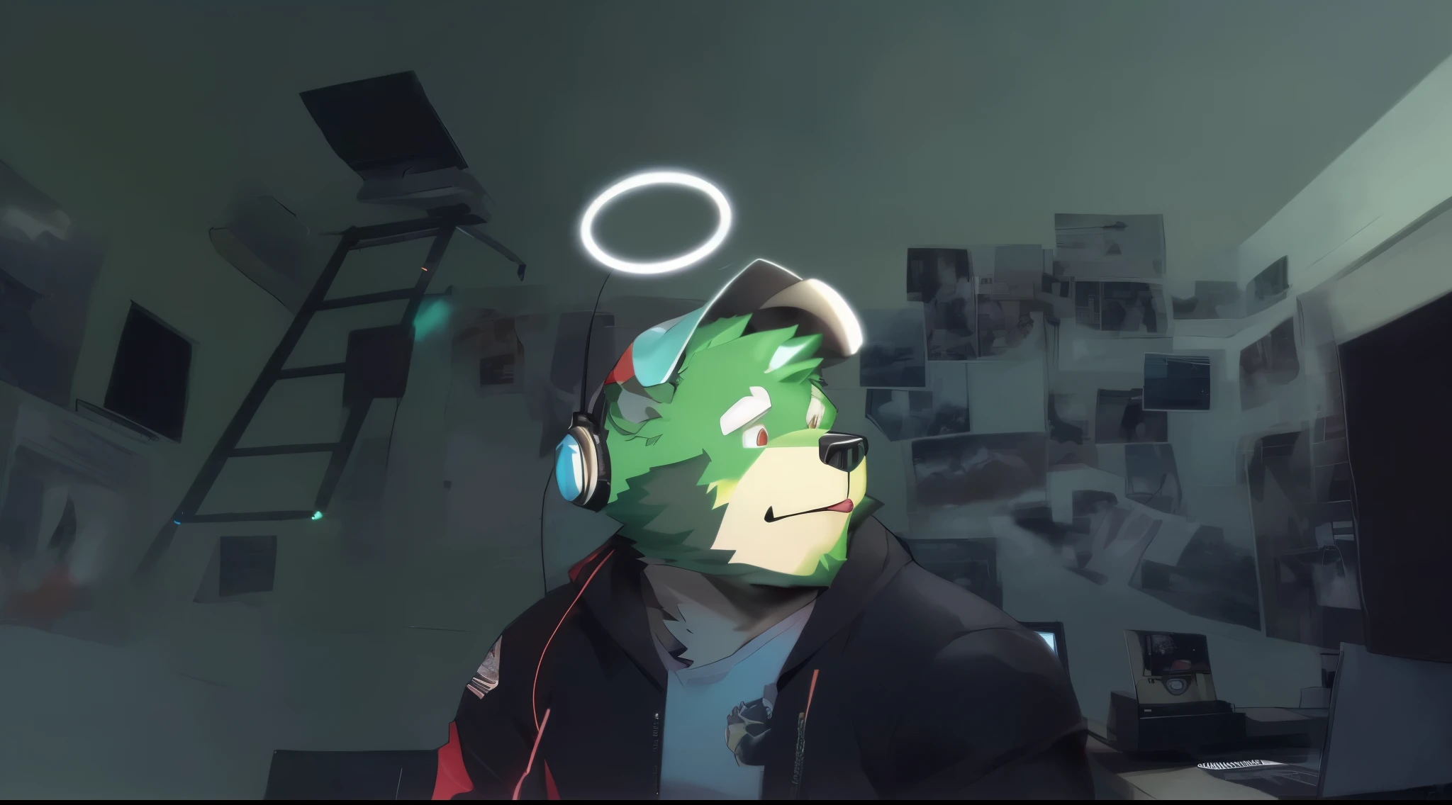 (jinpei), anthro ((bear)), furry, bear, green fur, green hair, beard, male, white eyebrows, red eyes, masterpiece, ((Best quality)), character focus solo, handsome, middle-aged, mature, muscle body, sexy, dilf, full body, there is a man wearing a green mask with headphones on, twitch streamer / gamer ludwig, glowing halo above his head, low quality footage, discord profile picture, wearing a fisher 🧥, profile picture 1024px, chillhop, vinny from vinesauce, furry furaffinity, anime vibes, very very low quality picture, twitch streamer