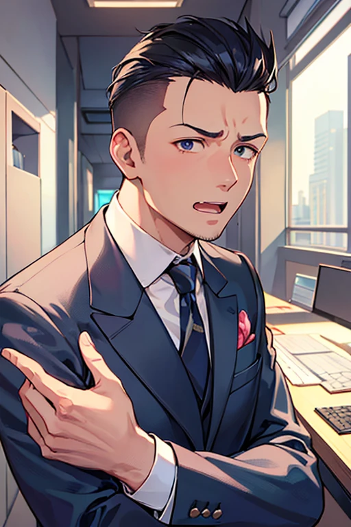 male people、35 year old、manly、Mohican、businessman、s Office、suits、up of face、neat face、The upper part of the body、Grieving、Surprised、Opening Mouth