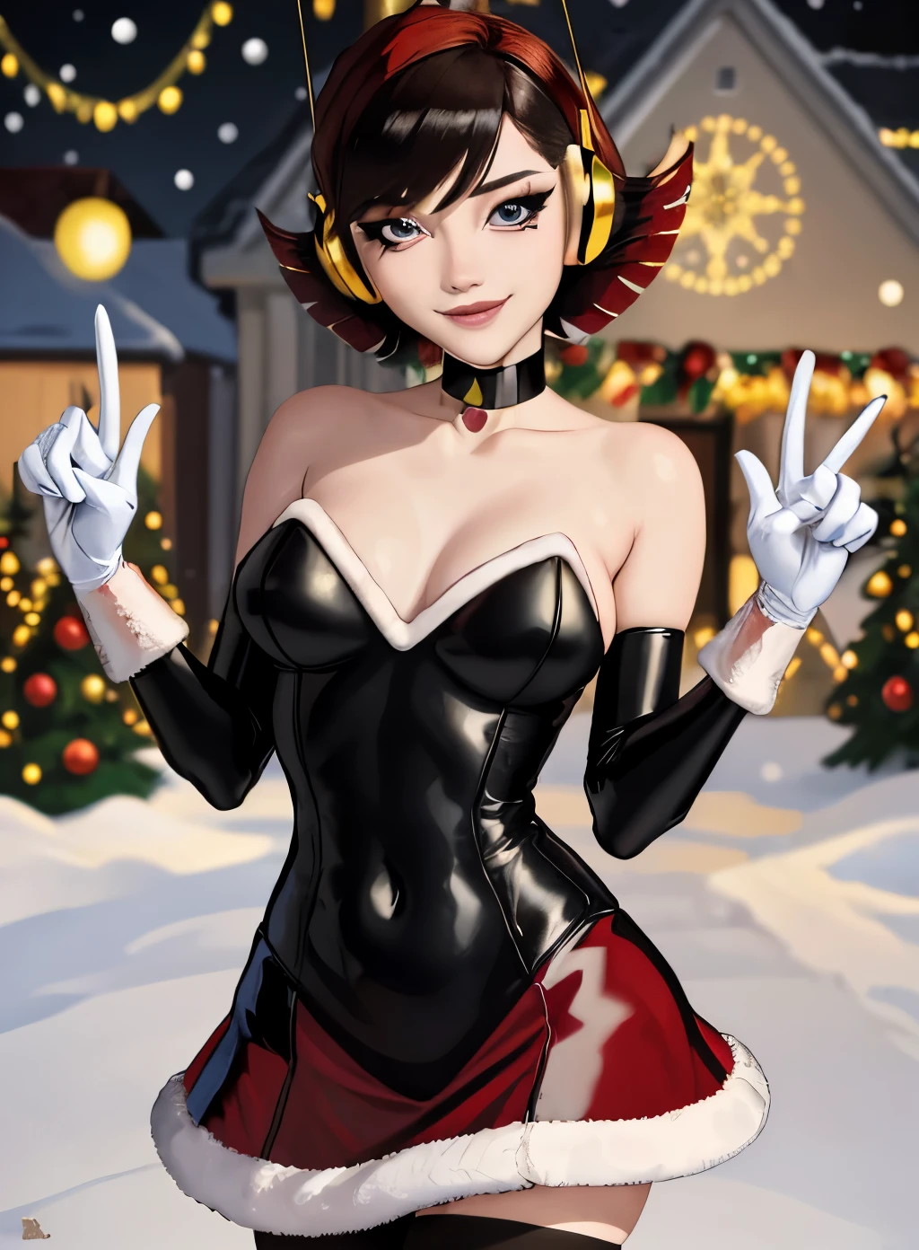 christmas decorations, Christmas tree、Christmas cake、masterpiece、top-quality、detaileds、high resolution illustration),Delicate Makeup, (a closeup:1.2)、POV、 ((santa costume:1.2)), miniskirt, short-hair, best quality, (masterpiece),(ultra-detailed), (high quality), (high resolution), wasp, 1girl, short hair, blue eyes, choker, headphones,gloves, elbow gloves, makeup, cute smile, detailed eyes, 5 fingers, detailed eyes, navel, Christmas gifts, outdoors, lights