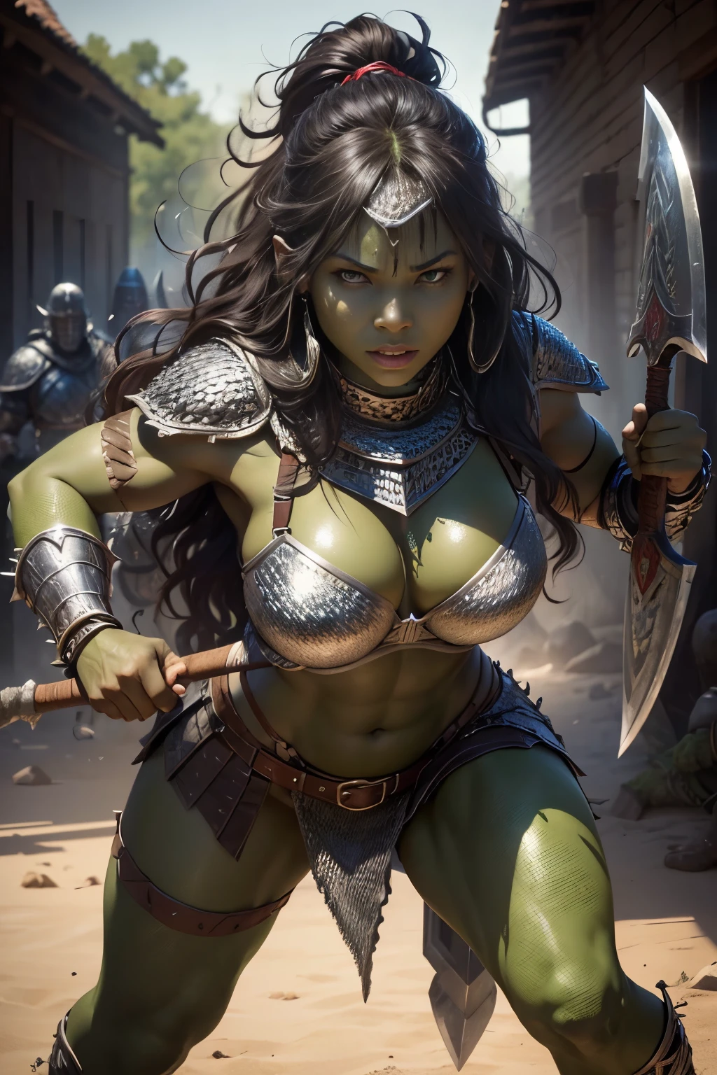 (highres:1.2),ultra-detailed,(realistic:1.37),beautiful african,half-orc warrior, soft facial features, (((green skin))), (((chainmail armor))), (((chainmail bra))), red eyes, (((wielding a battle axe))), long wavy hair, on a battlefield, fighting demons, low lighting,shackles,desperate look,fine artwork,detailed background,soft shadows,vivid colors,surreal atmosphere,subtle textures,very beautiful,emotionally charged, (((no nude))), full body pose