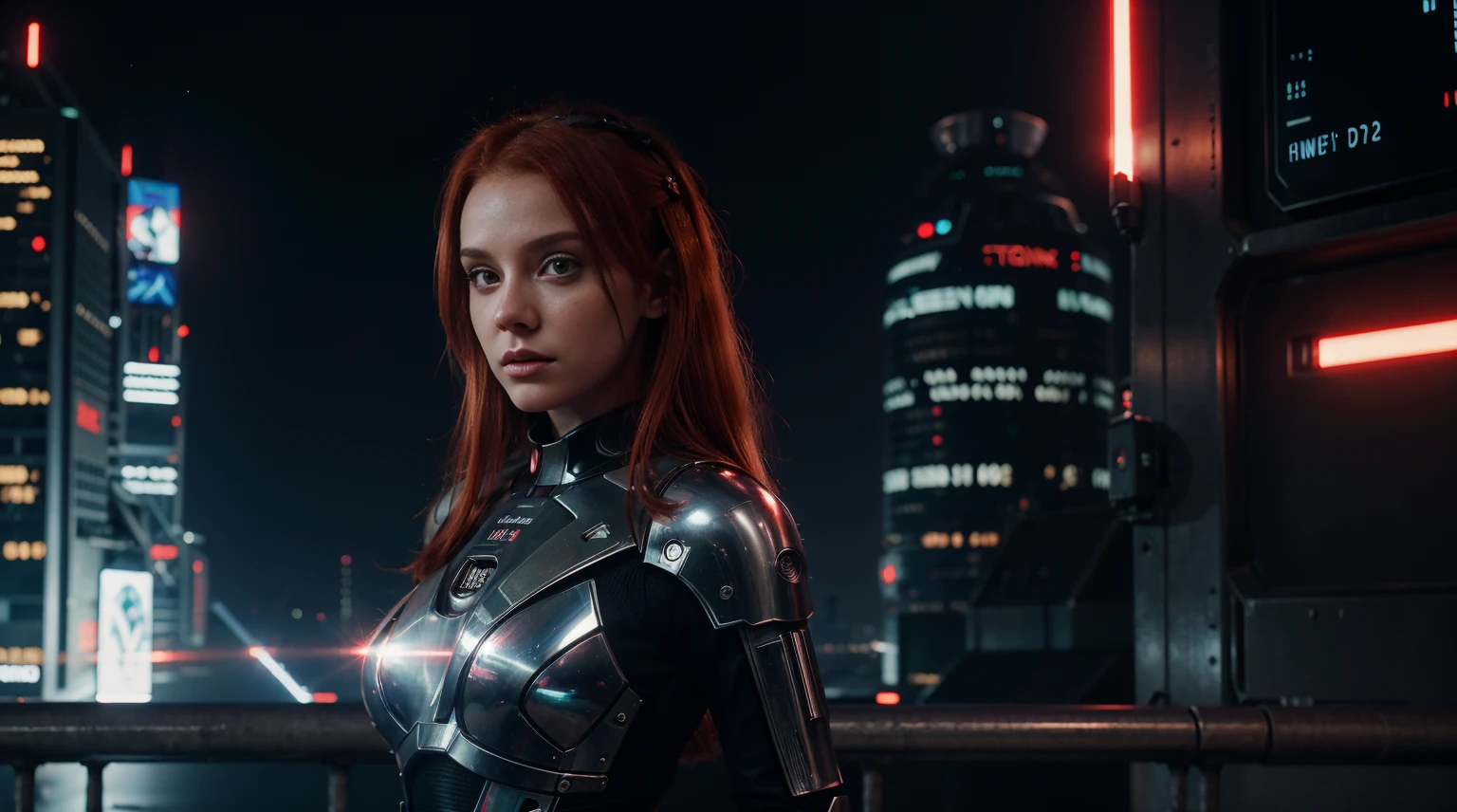 Scifi, sweet girl, light Red Hair, futuristic outfit, Future, City, Cyberpunk setting, night, full moon, lightsaber,