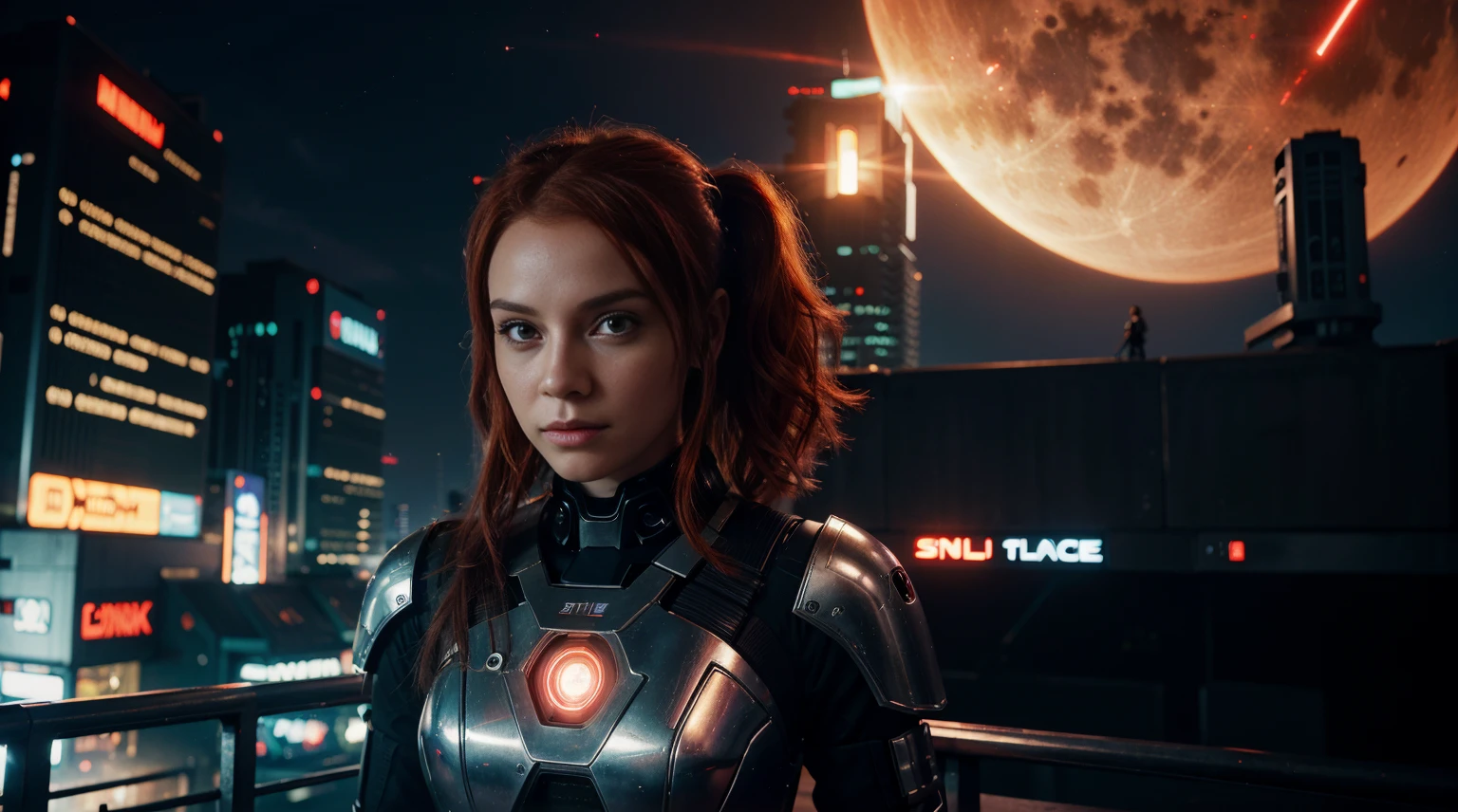 Scifi, sweet girl, light Red Hair, futuristic outfit, Future, City, Cyberpunk setting, night, full moon, lightsaber,