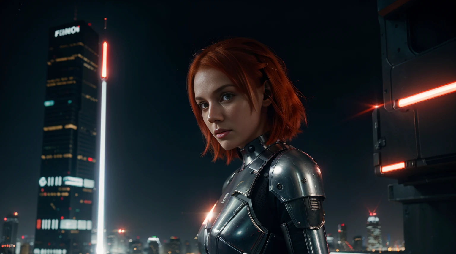 Scifi, sweet girl, light Red Hair, futuristic outfit, Future, City, Cyberpunk setting, night, full moon, lightsaber,