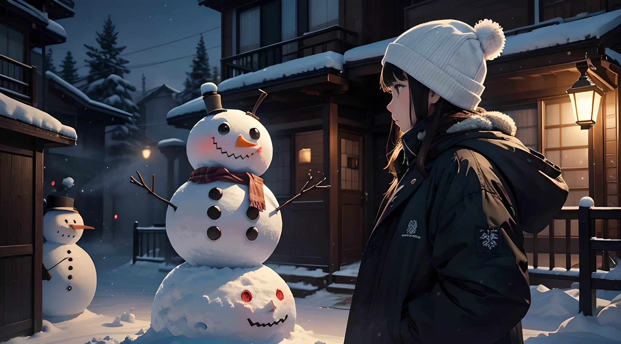 snow blowing、A girl with deep darkness in her heart、A girl with deep darkness in her heartが作った雪だるま、huge and creepy snowman、horor映画のように、The eyes glow red and start moving on their own while natta、Showa 50s、jpn、In front of a creepy old apartment building、evil snowman、snowman with an evil face、((horor))、Hanging eyes、Jagged mouth、A snowman with murderous intent、(natta's snow blowing)、A creepy 5-story apartment building with lights out、natta、unidentified snowman、eyes glowing red、natta中に動く雪だるま、snowman attacking humans、Eyes glow、