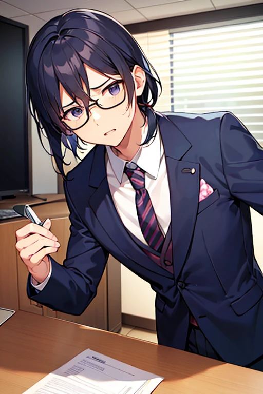 male people、30-years old、manly、Have muscles、businessman、s Office、suits、up of face、neat face、The upper part of the body、Grieving、Surprised、startled、Open your mouth wide、eye glass