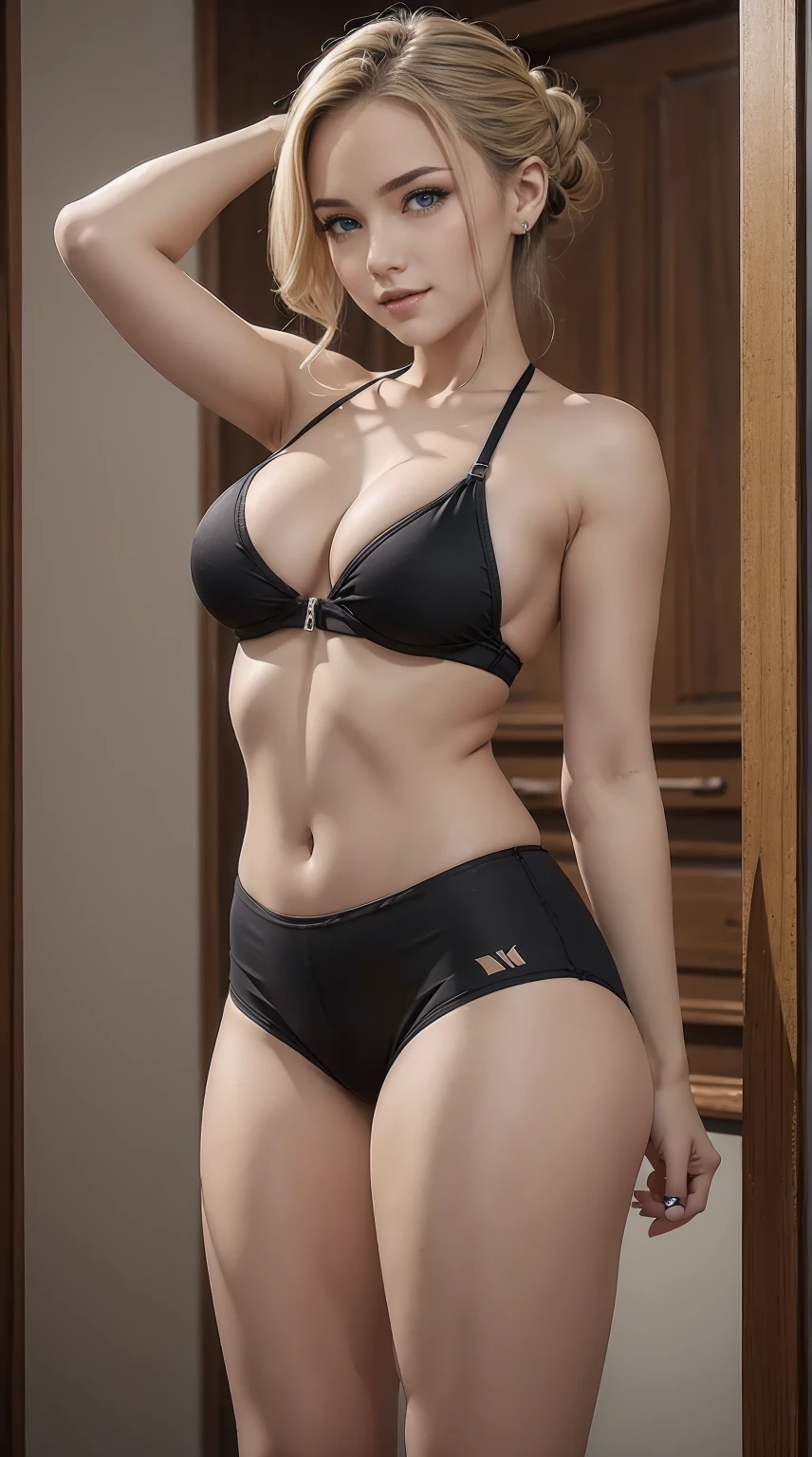 26 year old white woman、Hair is blonde、Eye color is blue、Very short、Slender but well-proportioned muscular body、Wearing a high neck zipper up top、I'm wearing low-rise leggings、a smile、hair tied up with a ribbon