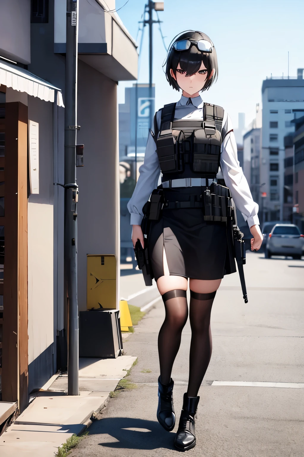 Best quality, expressive eyes, perfect face, woman, with black short hair, Wear a black tactical helmet, Fast googles above she head,  sunglasses, white long-sleeved shirt, black skirt, wearing stockings, wearing a black bullet vest, full body, angry,