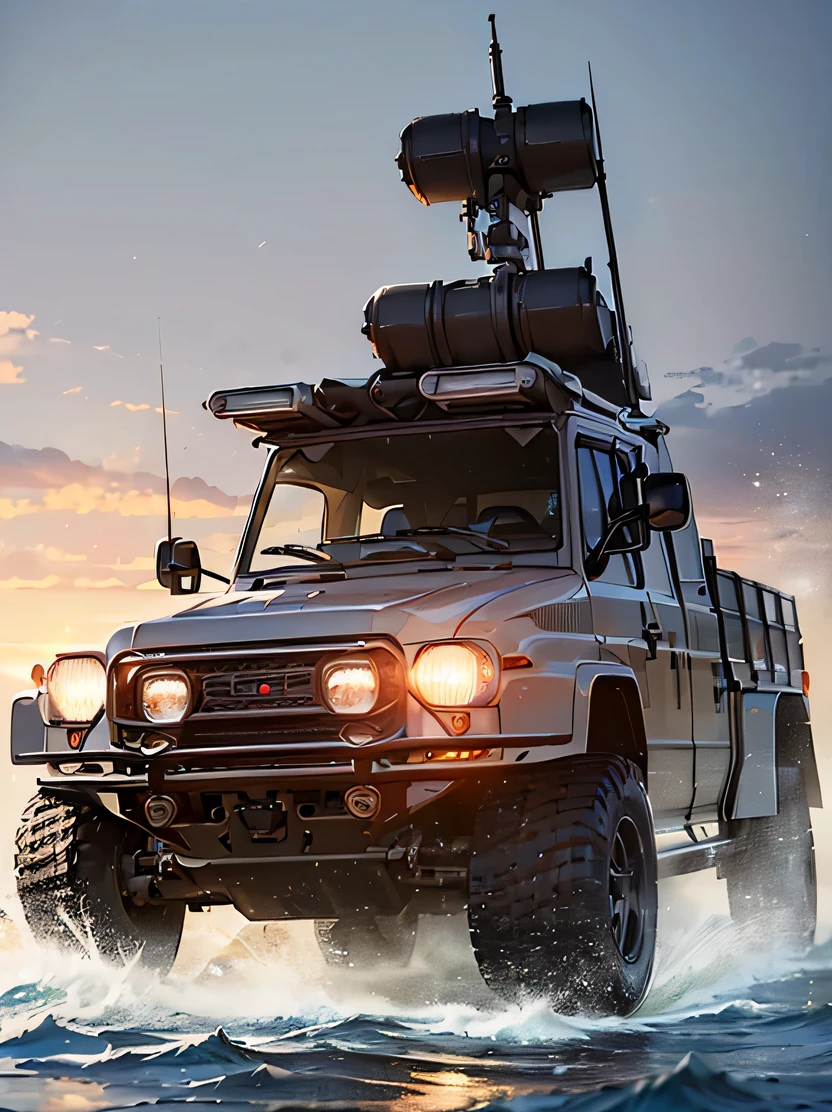 ((masterpiece、top-quality、realisitic、ultra-detailliert、hight resolution、Photorealsitic、foco nítido、photographrealistic、lighting like a movie))、 (Combat vehicles)、vehicle focus、No humans、Car wreckage、(Armored vehicles)、splash clean water、Splash