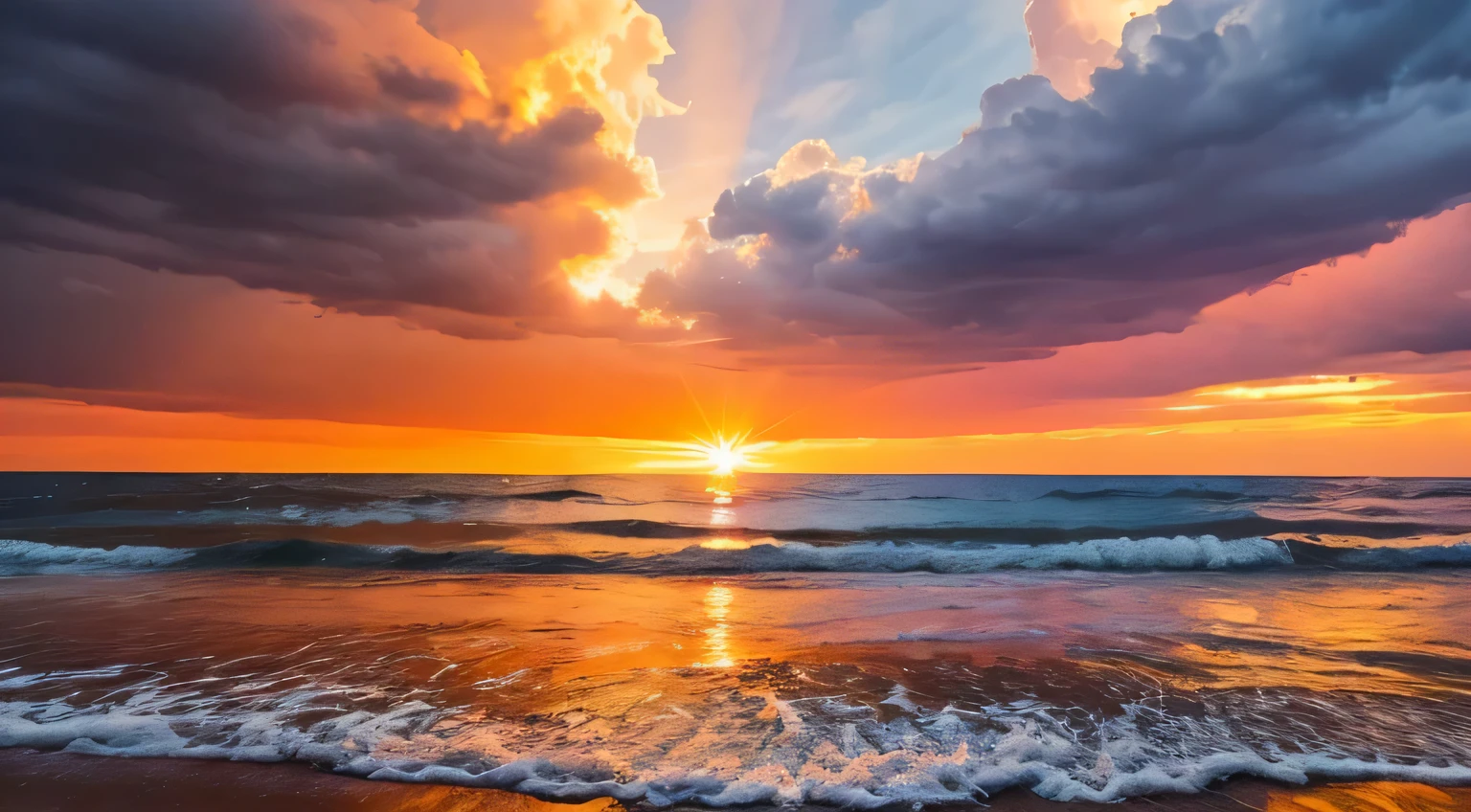 Illustrate a radiant sunrise breaking through storm clouds, symbolizing the emergence of joy through the acceptance of life's challenges. Employ warm, uplifting colors to convey the positive transformation.