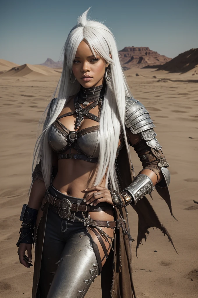 Rihanna Fenty, (((((chubby))))), (chubby face) white collor hair, brown melanine skin , ripped old wildwest bang bang full clothes, cowgirl leather hat, background old west bang bang, night, very steam, white leather clotes, ((very ripped whole jumpsuit)), earings, acessories, epic composition, perfect hands, perfect composition, perfect fingers, vintage collor lights, handsome face, ((angry face)), in desert, (((((very long and very white light platinum messy hair))))), long leather boots, dunes, ((((dust sand)))), very detailed image, overcoat leather clothe, ancient sand temples, (big booty), (small boobs), vintage lights, cinematic composition, epic cinematic pose, white clothes, apocaliptic clothes, (((Mad Max clothes))), (((skull and bones clothes))), (ancient dagger), (mad max acessories), (((silver mullet punk hair))), ((white long side long bang)), (metal steam punk bronze armor), warrior clothes, (ancient fabrics clothes), (((steam punk long very ripped cachecol)))