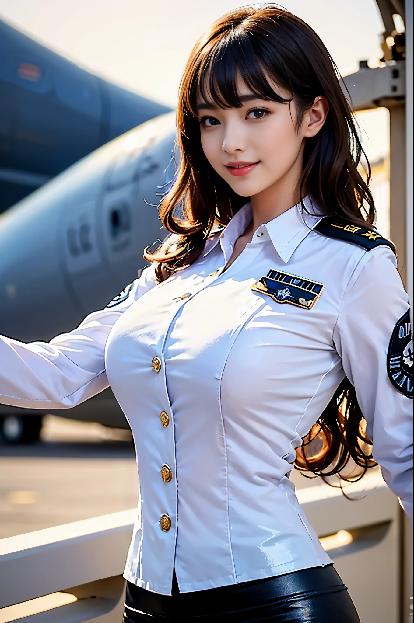 (top-quality、超hight resolution、masterpiece:1.3), A photo of extremely cute and beautiful Japanese woman, (long wavy chestnut hair:1.2), , (Detailed beautiful girl:1.4), masutepiece, With bangs, Detailed moisturized eyes, Textured skin, Best Quality, Ultra-detailed, finely detail, hight resolution, in 8K, Wallpaper, Perfect dynamic composition, Beautiful detailed eyes, Natural Lip, Big breasts, Random sexy poses, (Detailed US Air Force Pilot Captain Uniform:1.3), (White Pilot Captain Shiny Shirt:1.3), (Tight black miniskirt:1.3), On the deck of an aircraft carrier at dusk., people working on deck々々々々々々々々, Smiling