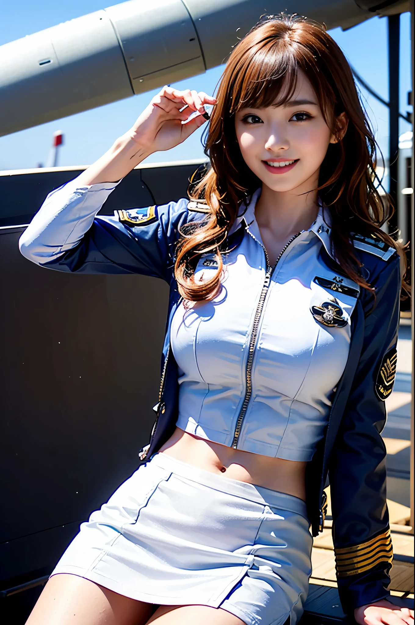 (top-quality、超hight resolution、masterpiece:1.3), A photo of extremely cute and beautiful Japanese woman, (long wavy chestnut hair:1.2), , (Detailed beautiful girl:1.4), masutepiece, With bangs, Detailed moisturized eyes, Textured skin, Best Quality, Ultra-detailed, finely detail, hight resolution, in 8K, Wallpaper, Perfect dynamic composition, Beautiful detailed eyes, Natural Lip, Big breasts, Random sexy poses, (Detailed US Air Force Pilot Captain Uniform:1.3), (White Pilot Captain Shiny Shirt:1.3), (Tight black miniskirt:1.3), On the deck of an aircraft carrier at dusk., people working on deck々々々々々々々々, Smiling
