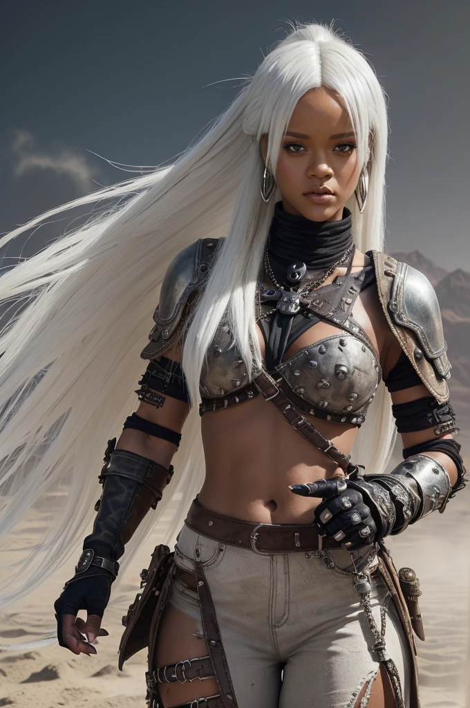 Rihanna Fenty, (((((chubby))))), (chubby face) white collor hair, brown melanine skin , ripped old wildwest bang bang full clothes, cowgirl leather hat, background old west bang bang, night, very steam, white leather clotes, ((very ripped whole jumpsuit)), earings, acessories, epic composition, perfect hands, perfect composition, perfect fingers, vintage collor lights, handsome face, ((angry face)), in desert, (((((very long and very white light platinum messy hair))))), long leather boots, dunes, ((((dust sand)))), very detailed image, overcoat leather clothe, ancient sand temples, (big booty), (small boobs), vintage lights, cinematic composition, epic cinematic pose, white clothes, apocaliptic clothes, (((Mad Max clothes))), (((skull and bones clothes))), (ancient dagger), (mad max acessories), (((silver mullet punk hair))), ((white long side long bang)), (metal steam punk bronze armor), warrior clothes, (ancient fabrics clothes), (((steam punk long very ripped cachecol)))