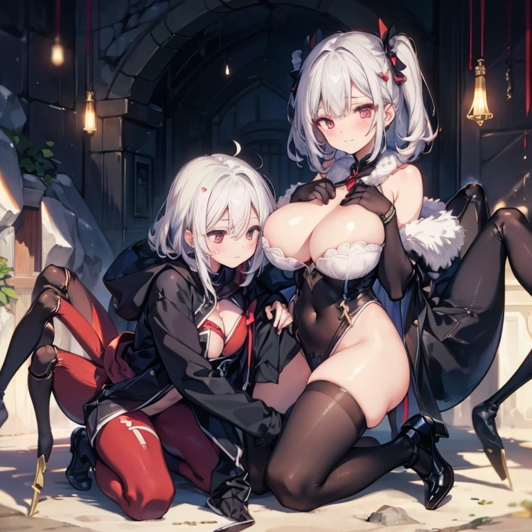 Female creatures, (Arachne,girl withを捕まえる), ((Multiple legs)), ((tarantula)), White fur, Highest Quality, (Whole body), masutepiece, Ultra-fine illustration, Background inside the cave(spider websだらけ) spider webs, spider webs,girl with(1 persons)(Captive)(A large amount of spider thread is wrapped around,he is grabbing and catching with both hands.) Girl with a puzzled expression boob chalk girl with抱っこしている girl with抱えてる girl with抱きしめている 1girl with、2girl with、Choking in the chest、 holding another person'press my head against your chest Bury your face in your chest Boob Press 顔面Boob Press My face is buried in my chest Buried in breasts and suffocated sex