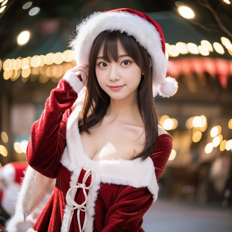 tre anatomically correct,Masterpiece of,High image quality,(Red costume),(Cute Santa Claus costumes:1.5),(The material of the costume is fine velvet:1.4), (The white fur part of the costume is mink, Accentuate the fluffiness:1.4),(Random posture:1.4),Professional Lighting,The ultra-detailliert,High quality textures,High quality shadows,depth of fields,Ray traching,Christmasツリー, Christmas,Fun atmosphere,Twinkling lights,Cozy,romantic,Cheerful,Warmth,Happiness,Magical,Holiday spirit, Ultra-realistic capture, Highly detailed, 人間の皮膚のhight resolution16kクローズアップ,Skin texture must be natural, Detailed enough to finely identify pores. Skin should look healthy, In a uniform tone,(Best Quality,4K,8K,hight resolution,masutepiece:1.2),Ultra-detailed,extremely detailed eye and face,Beautiful detailed eyes,Beautiful detailed lips,long eyelashes,(Realistic),Photorealistic:1.37,japanes,fine-grained white skin,beautiful and magnificent composition,masutepiece,Attractive,Cute,silky smooth and straight hair,Sharp Focus,Natural smile,(with round face),(healthy thigh body photo),(Full-body photography from a distance:1.4),((Silver hair color)),
,(JR博多駅のChristmasマーケット),(natta),(Lit up)