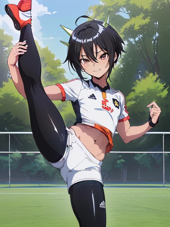 (((Official art,superfine illustration,hight resolution, masutepiece, best qualtiy,Best Quality,)))hightquality, detaileds, (A ),12 years oace striker male idol with a super cute face,A boy as beautiful as Planding, Cool handsome face with smile, soccer spike, Long legs, thighs thighs thighs thighs, Foots, Bulge, (Black hair、Spiky hairstyle)、Shiny hair, (tight shiny white soccer uniform suit), (tight and shiny soccer shorts), (Soccer Socks), tussock, Cool pose, (厚いthighs thighs thighs thighs、Seduce your big ass to your crotch)、(((soccer field in the park)))、((cocky、))、Smirk、,Ultra-fine painting, (Best Quality, 4K, 8K, hight resolution, masutepiece:1.2),、((detailedsな目:1.2))、kawaii eyes、((((standing split、Flexible body、Lift your legs、detailedsな脚の描写:1.5)))),