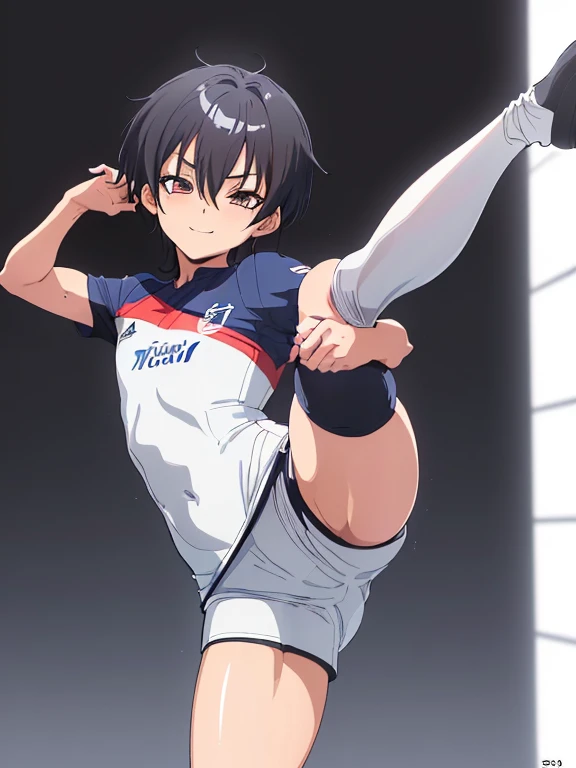 (((Official art,superfine illustration,hight resolution, masutepiece, best qualtiy,Best Quality,)))hightquality, detaileds, (A little boy),12 years old, A young ace striker male idol with a super cute face,A boy as beautiful as Planding, Cool handsome face with smile, soccer spike, Long legs, thighs thighs thighs thighs, Foots, Bulge, (Black hair、Spiky hairstyle)、Shiny hair, (tight shiny white soccer uniform suit), (tight and shiny soccer shorts), (Soccer Socks), tussock, Cool pose, (厚いthighs thighs thighs thighs、Seduce your big ass to your crotch)、(((soccer field in the park)))、((cocky、))、Smirk、,Ultra-fine painting, (Best Quality, 4K, 8K, hight resolution, masutepiece:1.2),、((detailedsな目:1.2))、kawaii eyes、((((standing split、Flexible body、Lift your legs、detailedsな脚の描写:1.5)))),