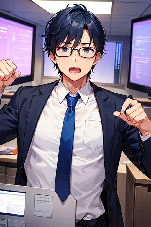 male people、40age、manly、Have muscles、businessman、s Office、suits、up of face、neat face、The upper part of the body、Grieving、Surprised、startled、Open your mouth wide、eye glass、wow!