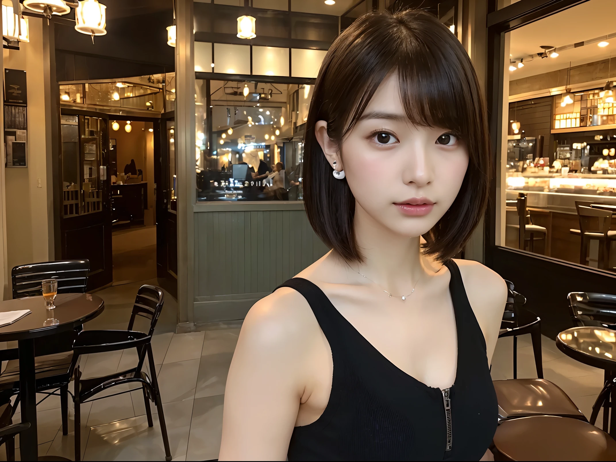 (The ultra -The high-definition:1.5)(ultra-detailliert:1.3) (ultra-quality) (An ultra-high picture quality:1.5) (rialistic photo:1.3) A Japanese Lady 21years old ((detailed and beautiful faces:1.3)) ((realistic skin textures:1.3)) ((Detailed and high quality eyes:1.3)) ((Detailed and high quality ears)) ((Beautiful, very fair and transparent skin:1.3)) ((Beautifully groomed straight short bob hair))Complete body beautiful proportion (Thin sleeveless shirt in fabric) long gathered skirt The background is the inside of a cafe at dusk. Beautiful, luxurious and stylish store ((Looking at the viewer erotically:1.3)) Wet lips ajar huge tit