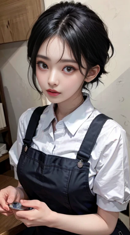 (top-quality、8K、32K、​masterpiece、nffsw:1.2)、Photo of a cute Japanese woman、Black short hair、beauitful face、((bent forward:1.3))、(From  above:1.2)、(a closeup:1.4)、POV、Spacious apron、Cute apron、Big full-breasted beautiful nipple slip:0.9)、the wind、shinny skin、kitchin、