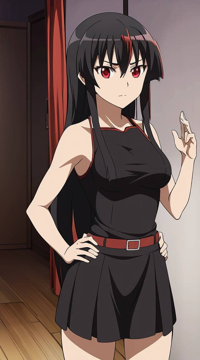 Akame (akame ga kill) anime art style, master piece, best quality,1girl,very long black hair, perfect face, expressive eyes, red eyes ,medium breasts ((nudes)), looking at me,sexy pose ,full body, background hotel room