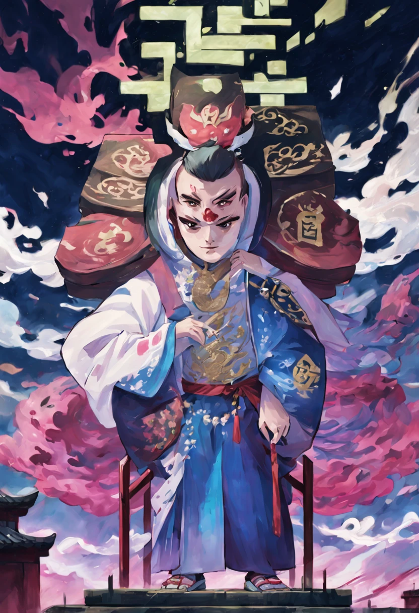 A painting of a man in kimono standing on a platform, author：Hero, drak, cai xukun, Handsome Japanese demon boy, Beautiful hermaphroditic prince, Handsome guy in the art of slaying demons, Guweiz style artwork, Belle peinture de personnage, inspired by Guan Daosheng, Inspired by Zhang Sengyao, Chen Lin