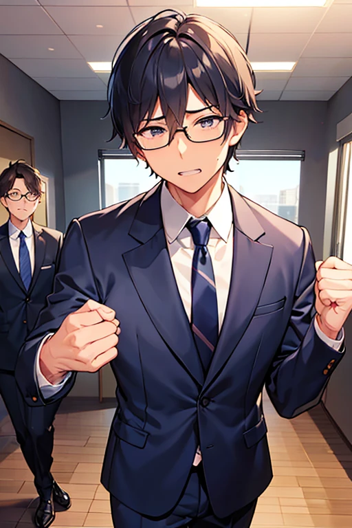 male people、40age、manly、Have muscles、businessman、s Office、suits、up of face、neat face、The upper part of the body、clenching teeth、eye glass、clap your fist